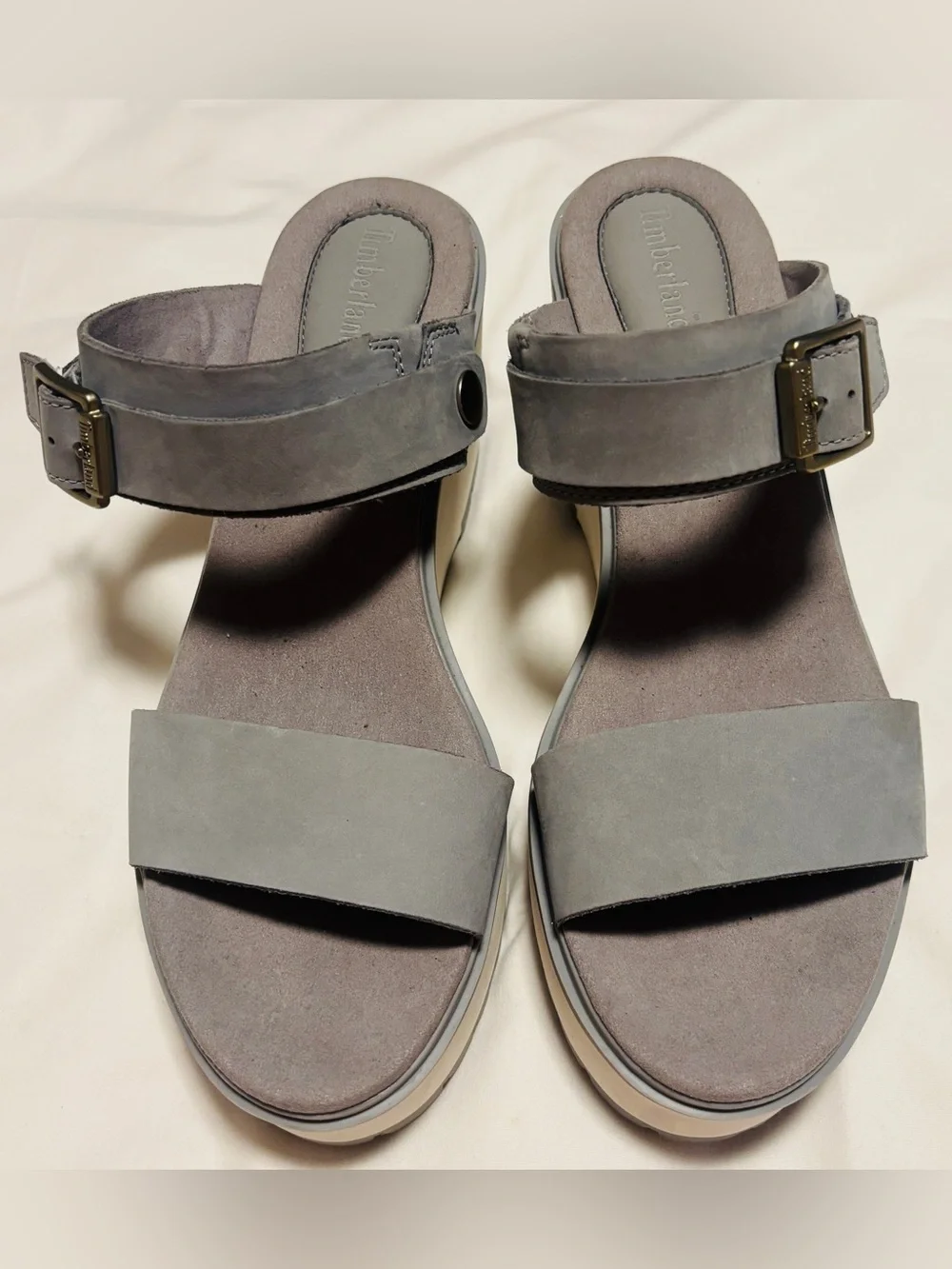 Timberland Grey Nubuck Leather Wedge Sandals Platform Strap Women’s Size 11